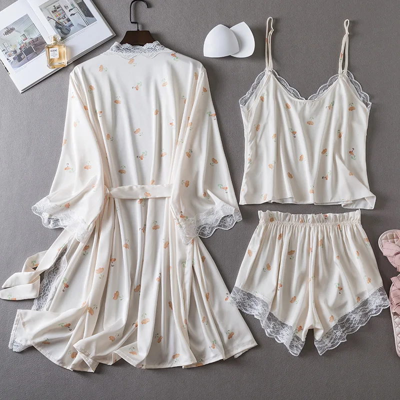 Summer 3PCS Pajamas Set Women Kimono Sleepwear Lingerie Print Lace Bathrobe Sexy Strap Top&shorts Pijamas Suit Home Wear Clothes women pajamas set women pajama suit