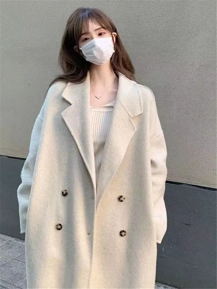 Women Double Breasted Woolen Coat Lapel Collar Long Sleeves Solid Long Wool Coats Autumn Winter Warm Fashion Lady Loose Overcoat