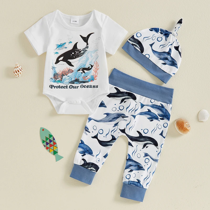 

2024-05-05 Lioraitiin Baby Boy Summer Outfit Letter Sea Animal Print Short Sleeves Romper and Elastic Pants Beanies Hat 3Pcs Set