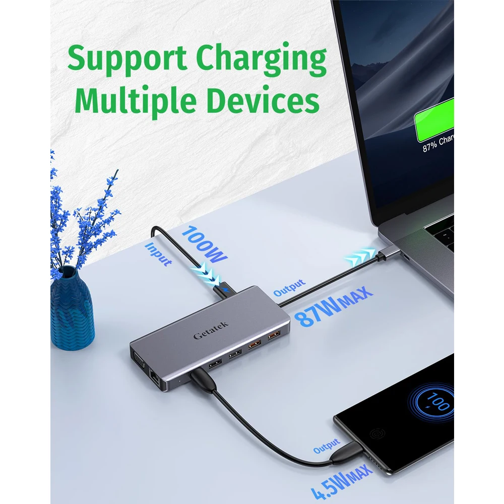 GETATEK USB C Docking Station 13 in 1 Card Reader USB 3.2 Hub Multiport Adapter with 4K HDMI VGA 100W PD Charging Ethernet SD/TF 5