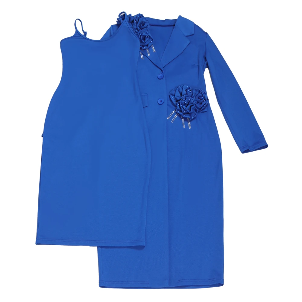 Damen-Kleid, 2-teiliges Blazer-Set, elegante Strasssteine, 3D-Blume, langärmelig, Mantel, figurbetont, Midi-Slip-Kleid, Kirchenanzug für Bürokleidung – Detail 10