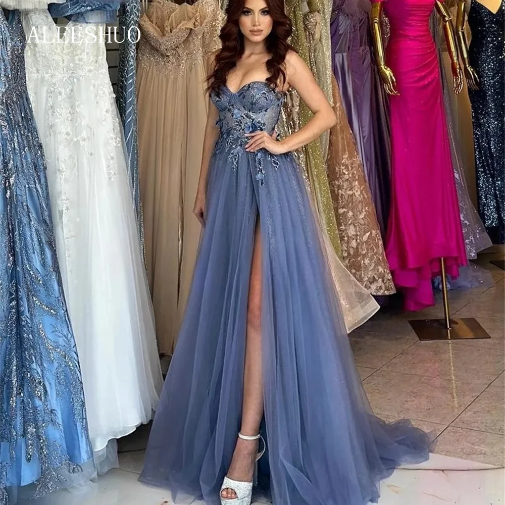 

Aleeshuo Sweetheart Embroidered Organza Prom Dresses Sexy Side Slit Lace Up Party Dresses Graduation A-line Evening Dress 2024