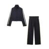 Women's clothing 2024 winter new long sleeved jacket jacket striped casual versatile solid color pants set 1