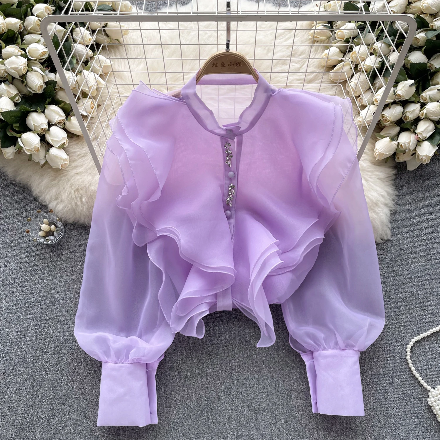 

ALPHALMODA 2023 Autumn New Ruffle Trim Long Sleeve Shirt Women Elegant Celebrity Top