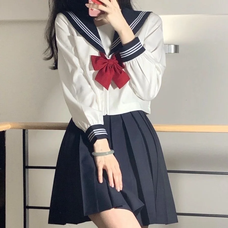 Japanese School Uniform Girl Jk Suit Sexy Spring and Autumn Red Tie White Three Basic Sailor Uniform Women Long Sleeve Suit 2