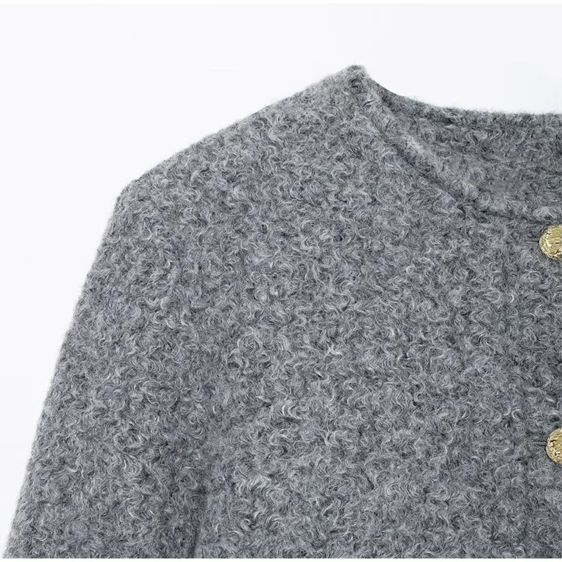 Elegant Woolen Blends Coat For Women O-neck Metal Button Gray Long Sleeve Pockets Jackets Autumn Lady High Street Outwear