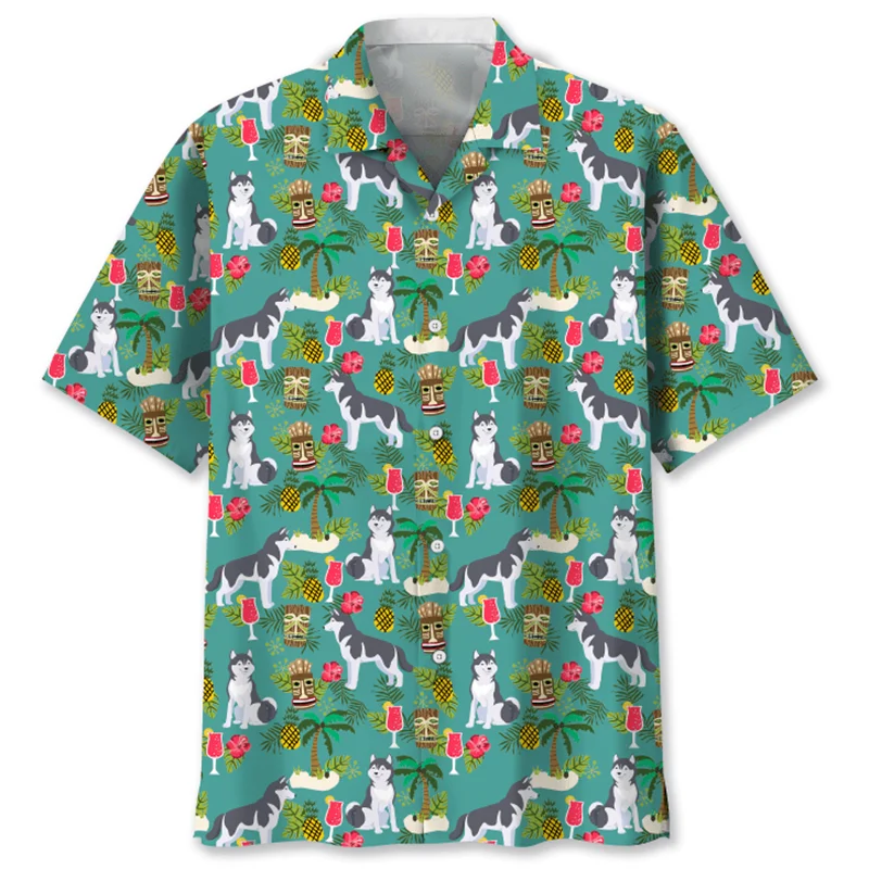 thumbnail image 1 of Camisa hawaiana con estampado de perro y mascotas lindas para hombres y mujeres, camisas de verano con estampado de animales en 3D, blusa holgada con botones y solapa de manga corta, 1 of 5