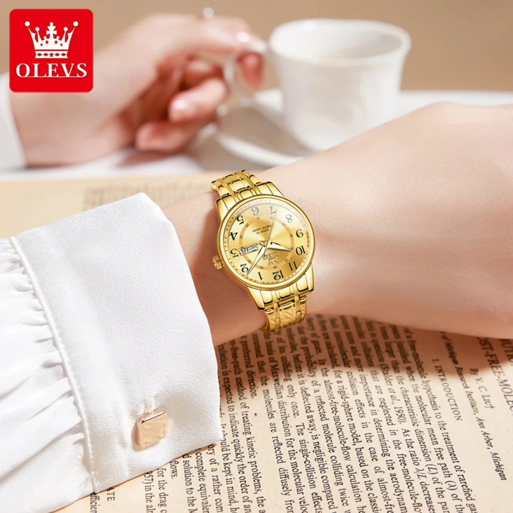 Luxury Business Golden Quartz Watch for Women Numeral Scales 30M Water Resistance Calendar Luminous Fashion Ladies Wristwatches
