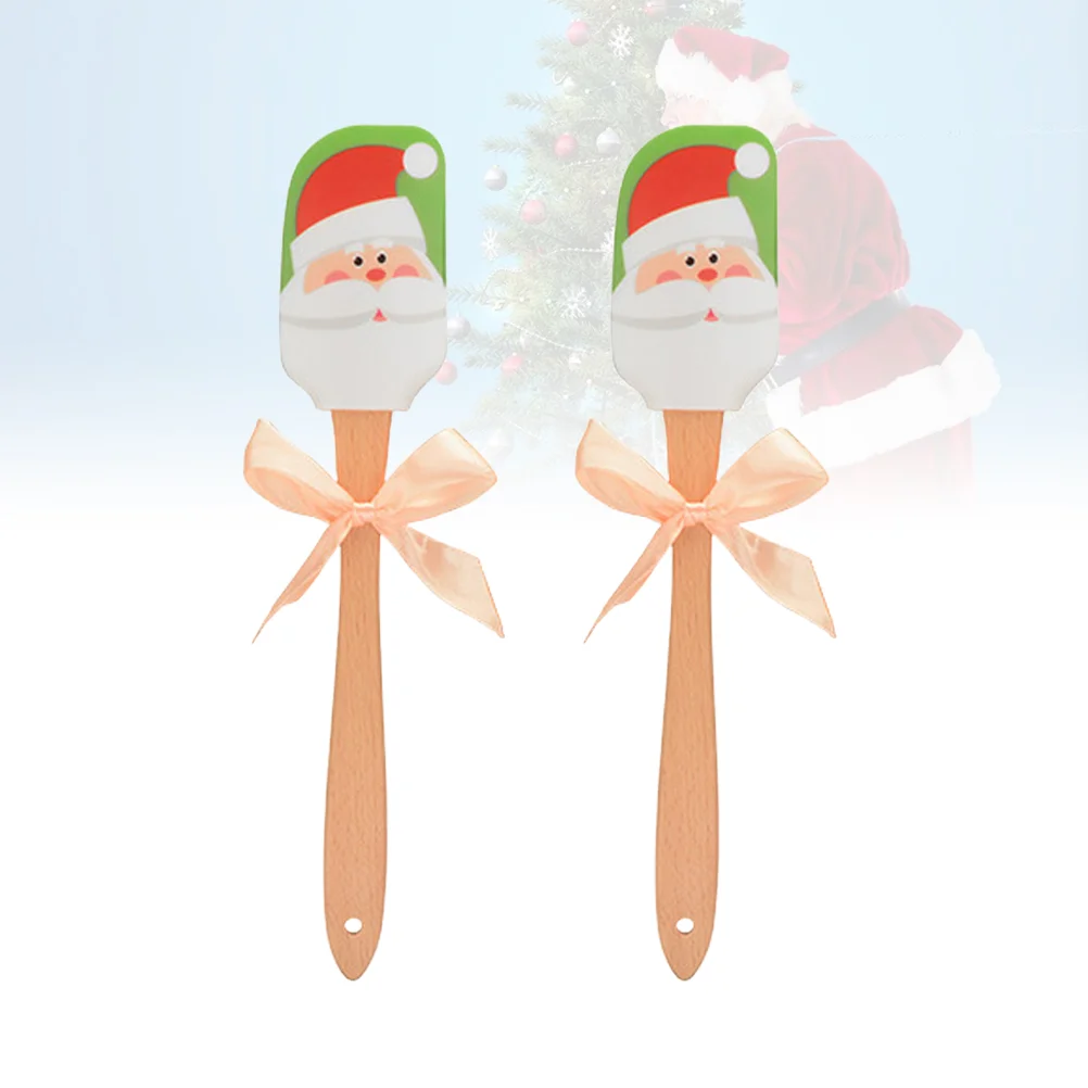 

2 Pcs Silicone Cooking Spoons Mixing Butter Scraper Beech Bamboo Christmas