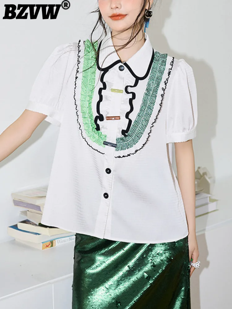 

BZVW Women Vintage Embroidery Lightweight Blouse Lapel Contrasting Colors Loose Single Breasted Shirts Summer 2024 25C0183