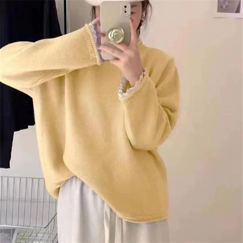 Autumn Female O Neck Long Sleeve Lace Pullover Knitwear