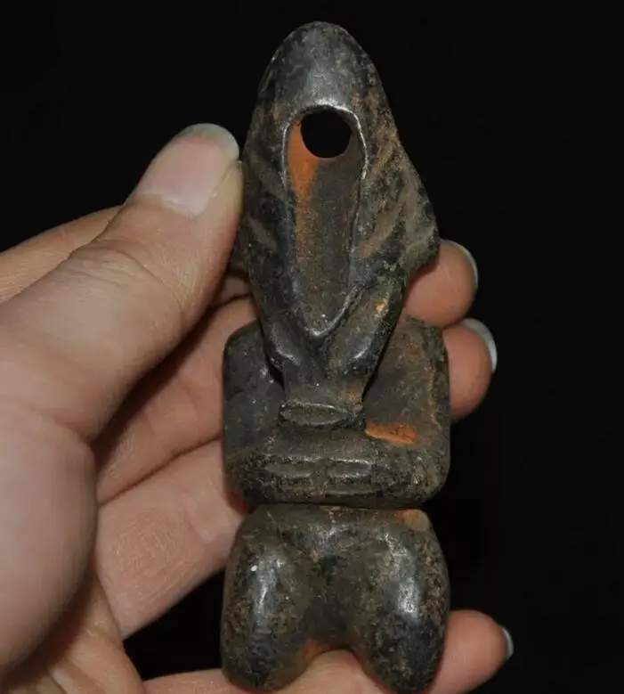Old China Hongshan culture Old black jade carved kneel Sun God Helios Statue 4