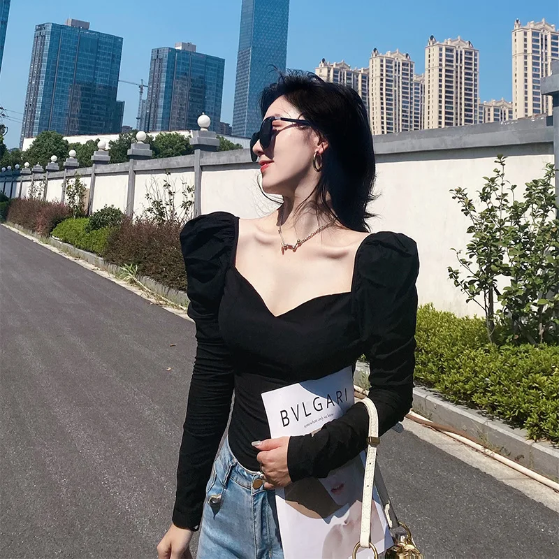 

Women's French Vintage Top Square Neck Puffed Sleeve Court Style T-Shirt