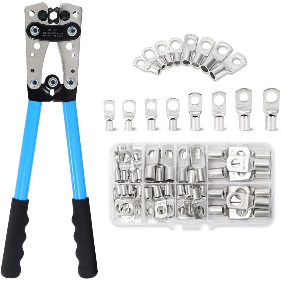 

U50 Battery Cable Lug Crimping Tool 10-1 AWG with 60Pcs Copper Ring Terminals 8 Sizes Cable Lugs Set, Heavy Duty Wire Crimper
