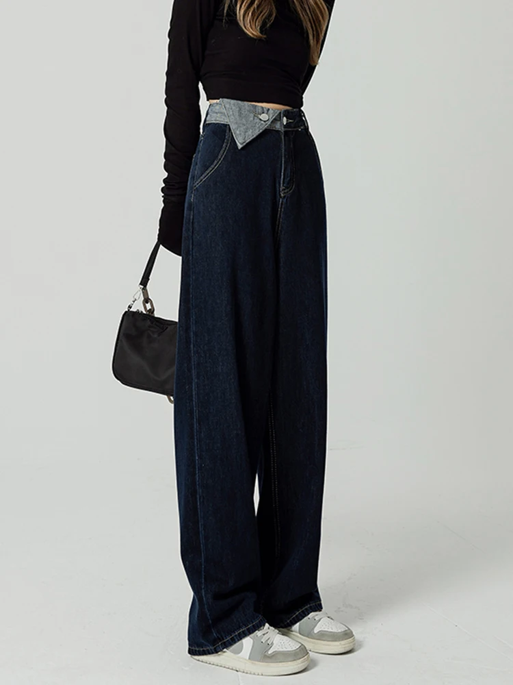 

2022 Fall Wide Leg Pant Women Jeans High Waist Slouchy Dark Blue Asymmetric Straight Denim Trouser Casual High Street Clothes