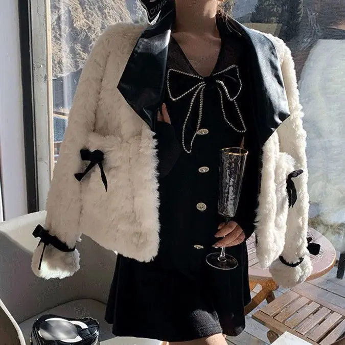 

Женская куртка из искусственного меха, плотная теплая короткая куртка с бантом, верхняя одежда из искусственного меха ягненка, A471, Осень-зима 2023