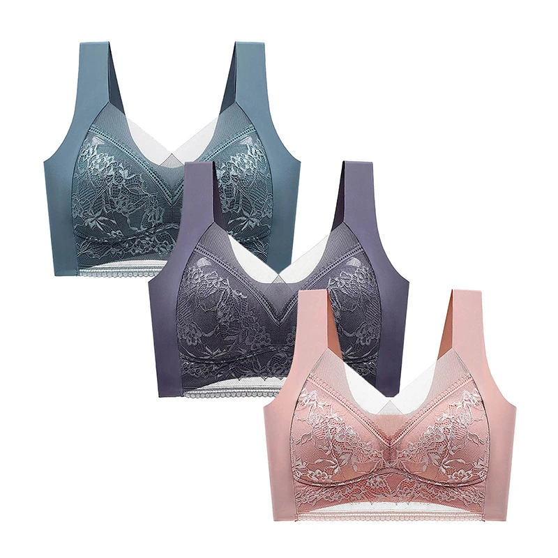 FallSweet 3PCS Lace Push Up Bras for Women Sexy Wireless Bra Ice Silk Deep V Bralette Tops Female Lingerie Mom's Underwear L-5XL 3
