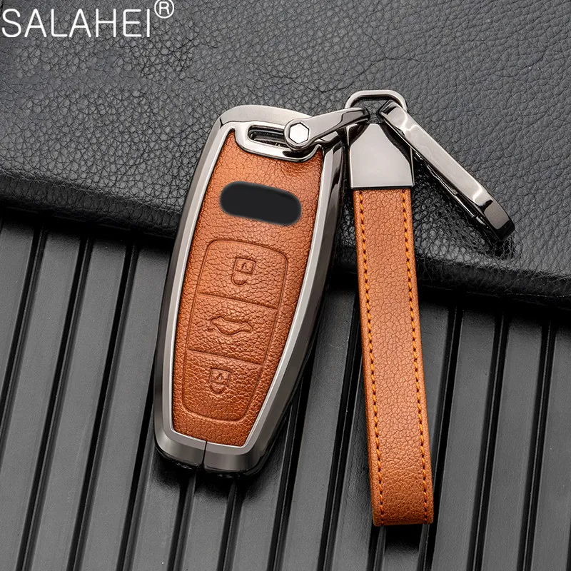 

Zinc Alloy Leather Car Remote Key Fob Case Cover Holder Shell For Audi A6 A7 A8 E-tron Q5 Q8 C8 D5 Keyless Keychain Accessories