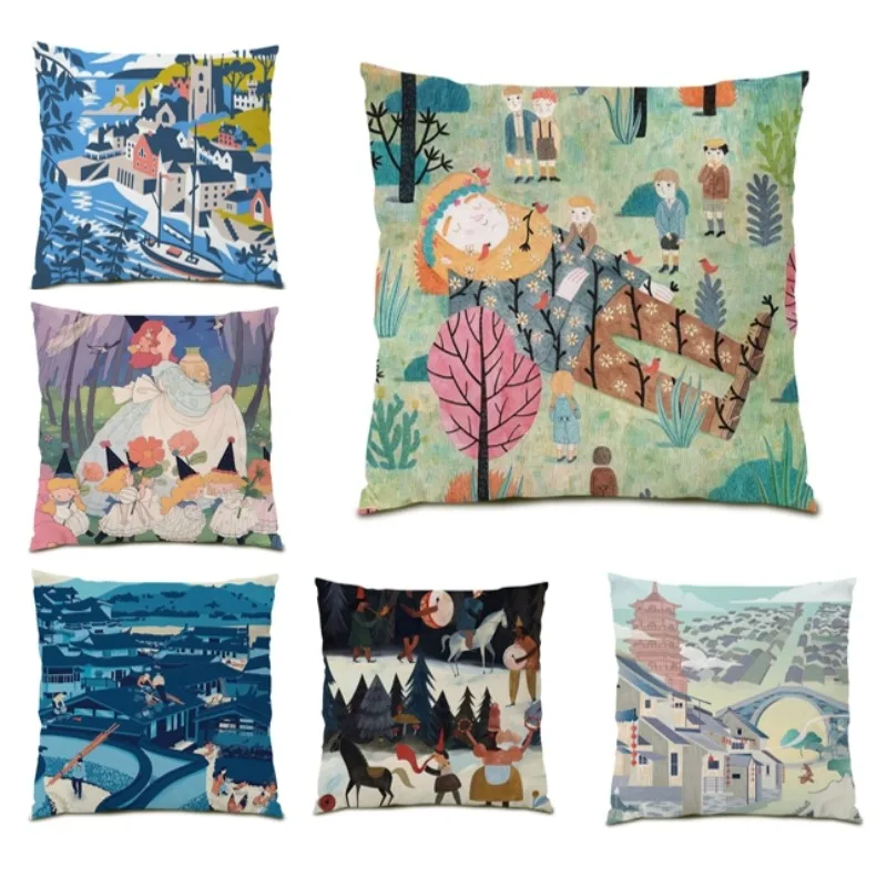 

Fairy Tale Painting Pillow Cover Double Sided Cushion Cover Cojines 45x45cm Scenery Pillowcase Home Sofa Bedroom Decor E1801