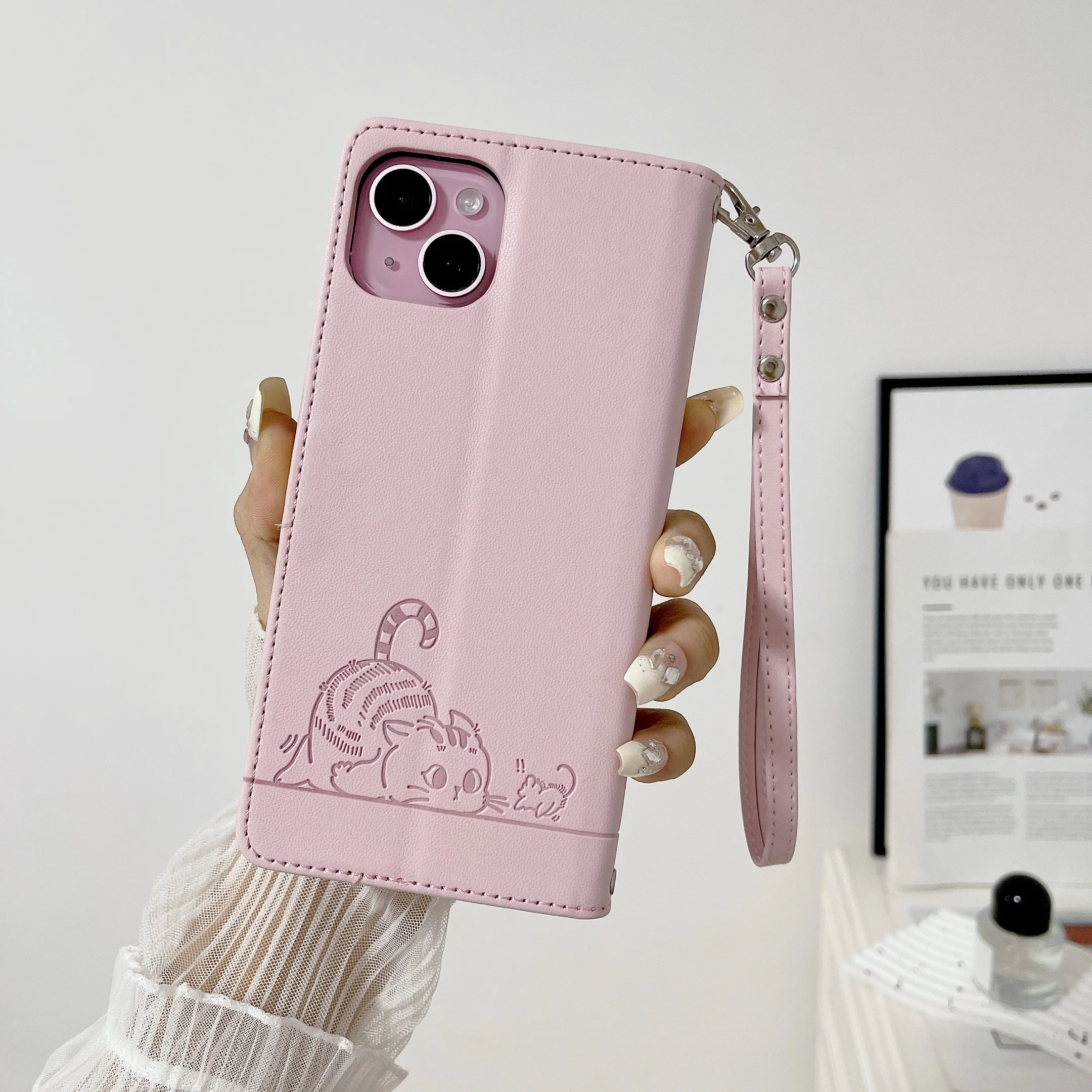 Charming Cartoon Cat Leather Wallet Phone Case with Flip Cover and Strap – Premium Protection and Style