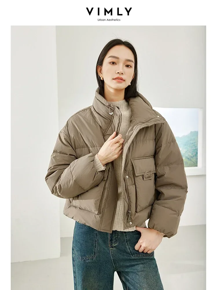 Vimly Duck Down Cropped Puffer Jacket Women's Winter Short Down Coats 2023 Lightweight Stand Collar Thick Warm Outerwear 50701