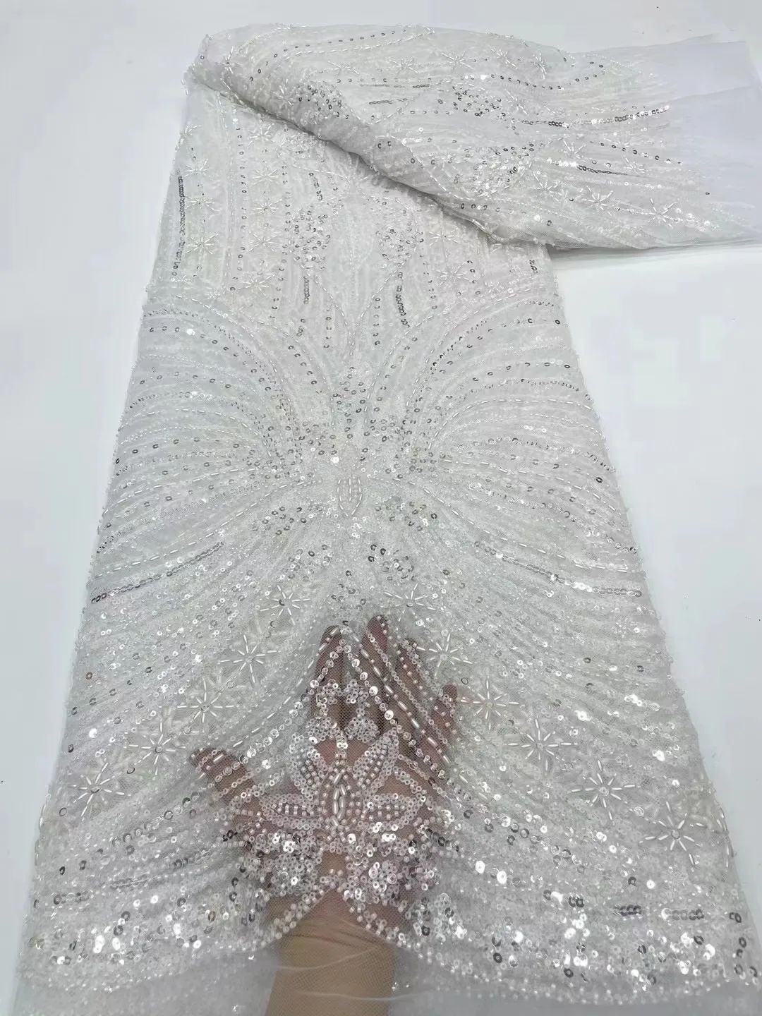 Soft Pure white Elegant Tulle Lace With Lots Stones Fabric for Bride Wedding Party Dress NN6588_S