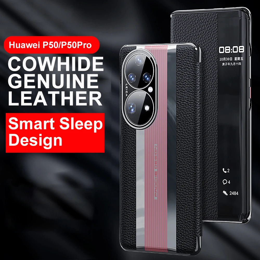 

Чехол-книжка из воловьей кожи для Huawei P50 Pro Business Smart Sleep Wake Porsche Design, чехол для сотового телефона Huawei P50 Coque