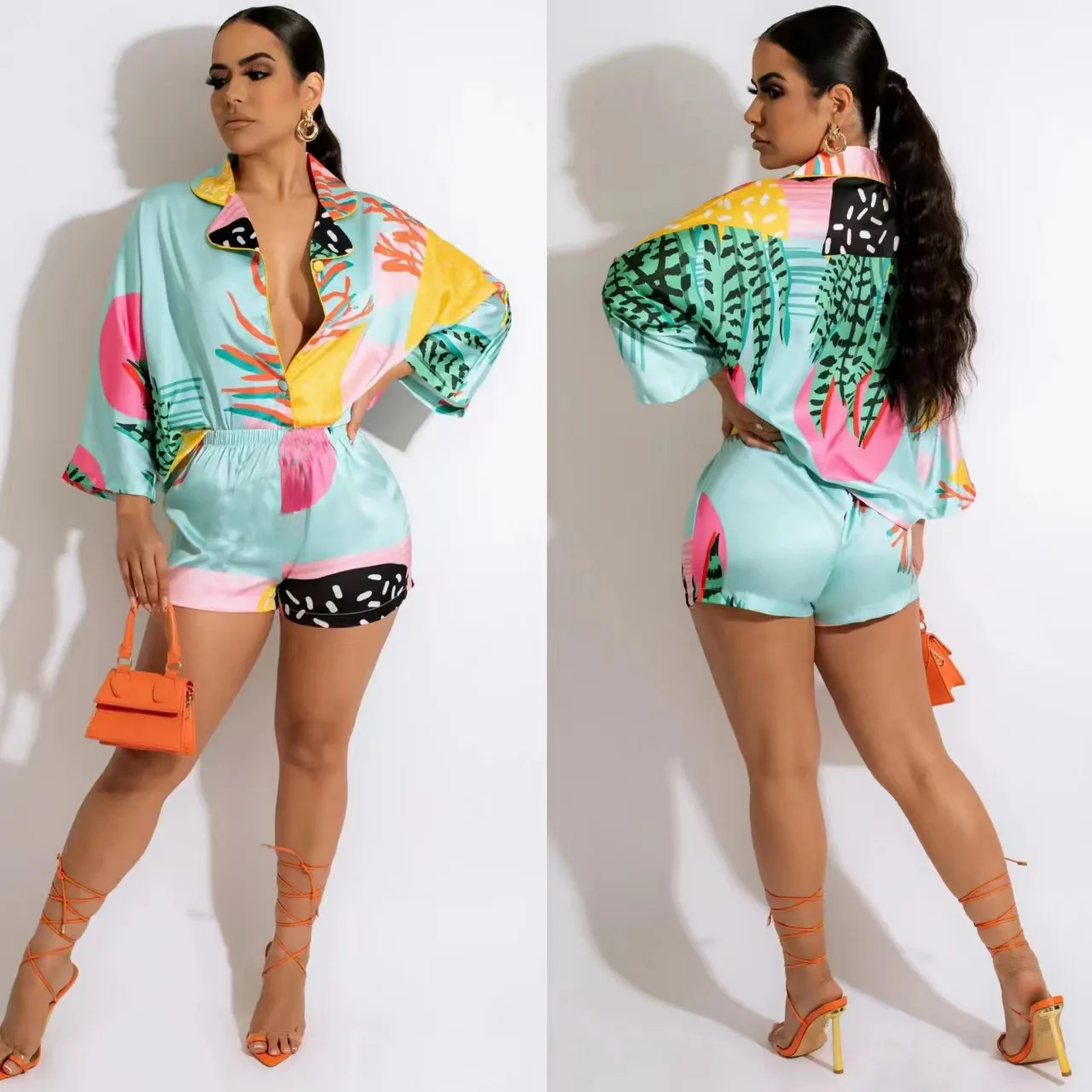 

Женский летний пижамный комплект из 2 предметов, футболка на пуговицах с коротким рукавом и принтом и шорты с эластичным поясом, повседневная одежда для сна