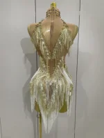 Stock 2025 Women Sexy Stretch Mesh Sparkly Rhinestone Tassels Mini Dress Nightclub Singer Dance Stage Costume Evening Gowns - Image 3