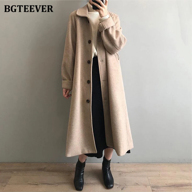 

Элегантные утепленные свободные женские шерстяные куртки BGTEEVER, дамские однобортные пальто на шнуровке с длинным рукавом, зимняя верхняя одежда