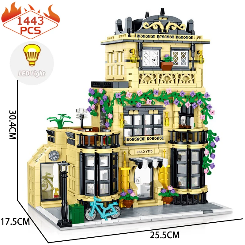 City Coffee Shop Building Blocks Con Led Creative Expert Casual Restaurant Model Bricks Street View Toys For Kid Birthday Gift
