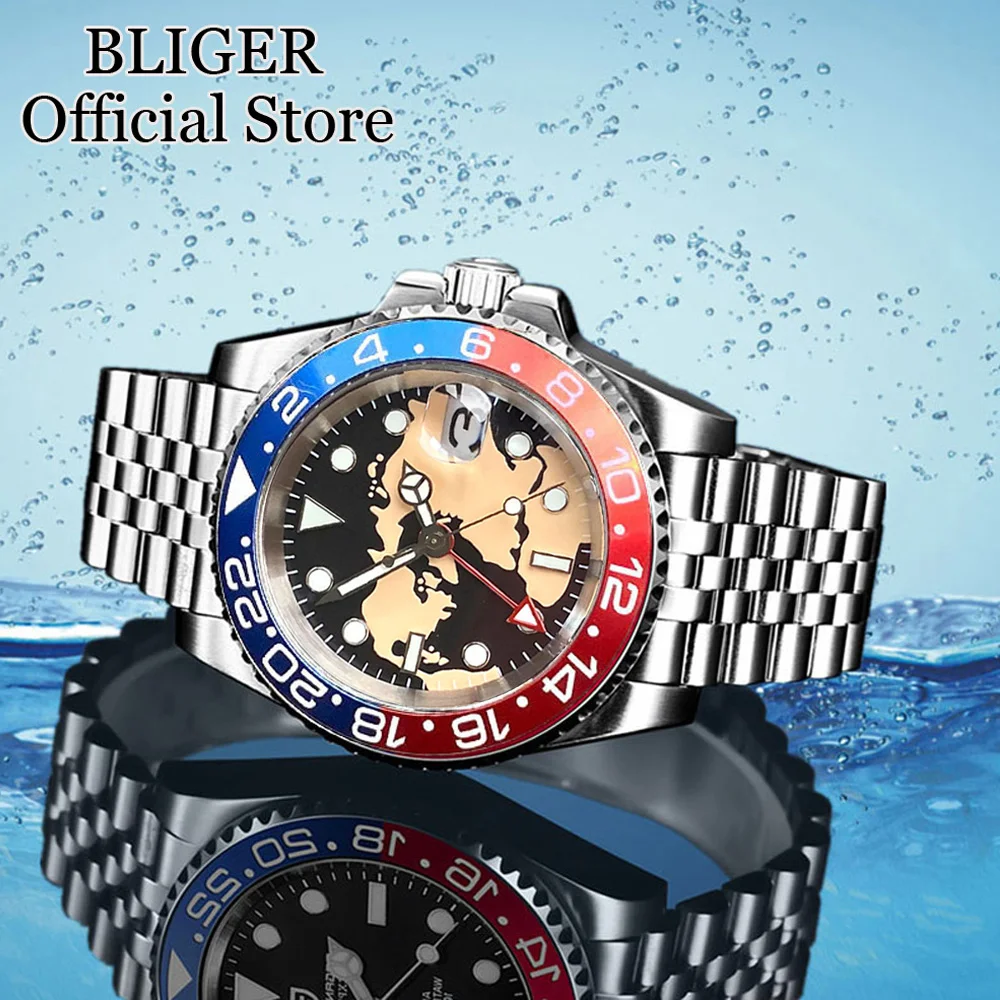 Bliger Red Gmt Diving Orologio Automatico Da Uomo Vetro Zaffiro Nh34 Gmt Orologio 100M Orologi Meccanici Impermeabili 2023 Quadrante Intero