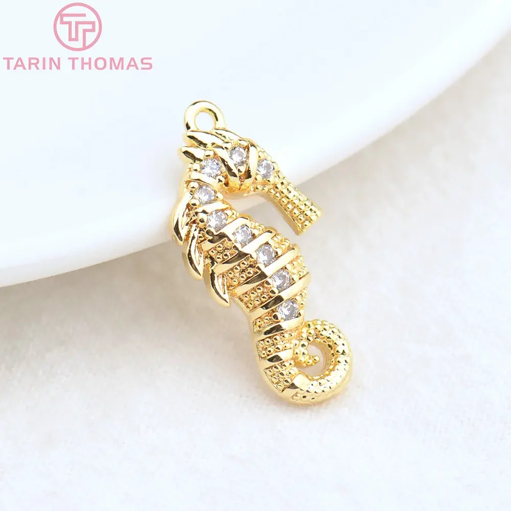 

(4485) 4PCS 11x22MM 24K Gold Color Brass with Zircon Hippocampus Charms Pendants High Quality DIY Jewelry Making Findings