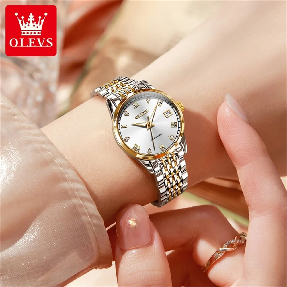 OLEVS 6602 Women's Watch Date Original Automatic Ladies Wristwatch Fashion Waterproof Roman Scale Mechanical Watch For Women