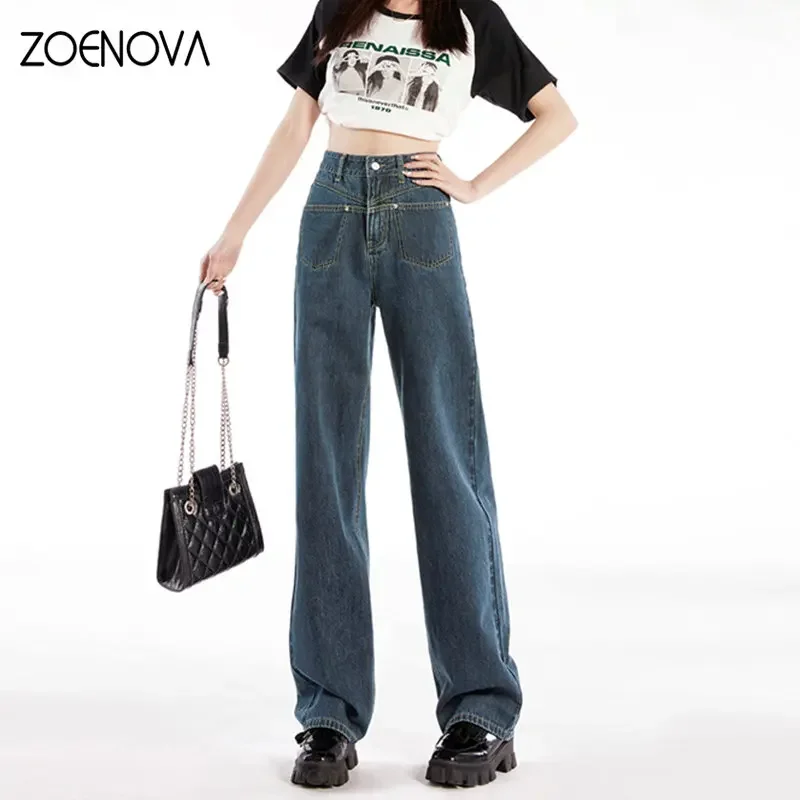 ZOENOVA Y2K 한국 스타일 여성 패션 바지, 루즈 하이 웨이스트 와이드 레그 팬츠, 빈티지 블루, 핫 걸 청바지