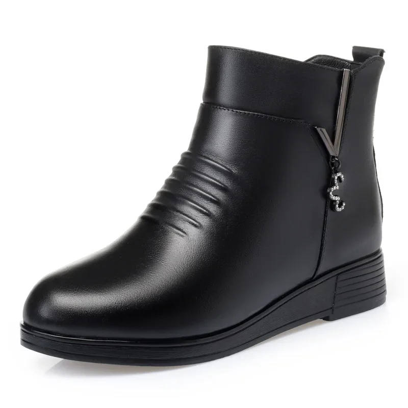 

Pu Leather Flats Heel Mother Shoes Warm Short Boots Women Footwear Large Size 41 42 Winter