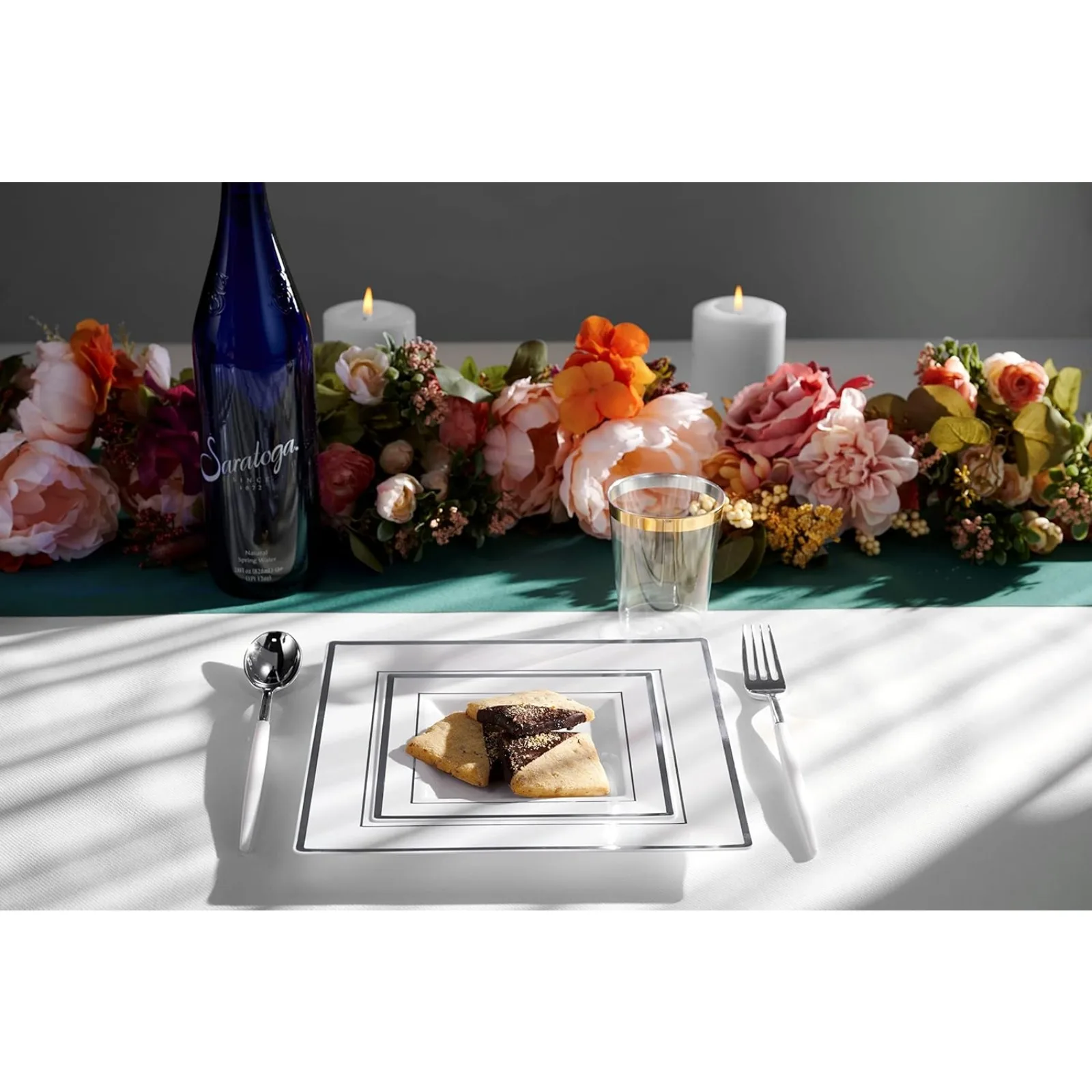 US 100 PCS Disposable Plastic White Square Plates, 100-Pack 6.5 & 10 In. Combo Premium Heavy Duty Silver