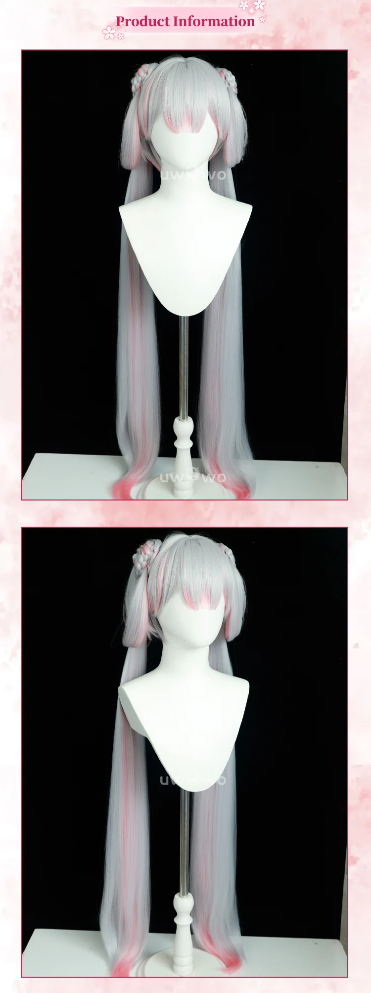 Jinhsi Perücken Wuthering Waves Pfirsichblüte Cosplay Perücke mit Zopf Langhaar Grau und Pink 3