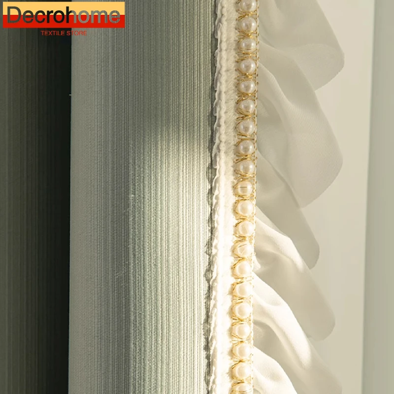 Matcha Verde Verticale Jacquard Cotone Lino Misto Pizzo Splicing Tende Per Soggiorno Camera Da Letto Finestra Francese Personalizzata