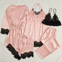 Women's Satin Sleepwear Pajama Set Pink Sexy Lingerie Bath Robe Lace Patchwork Silk Night Dress Trousers Home Clothed Nightwear - Image 2