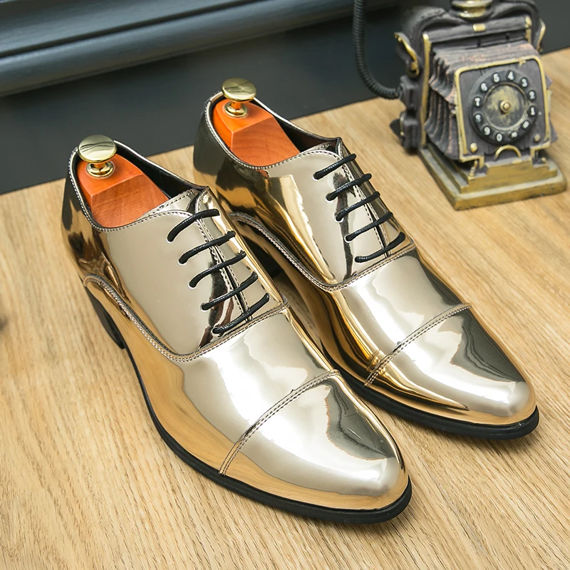 

Men Dress Shoes Black Patent Leather Gold Blue Round Toe Lace-up Business Designer Shoes Men Size 38-44 Free Shipping
