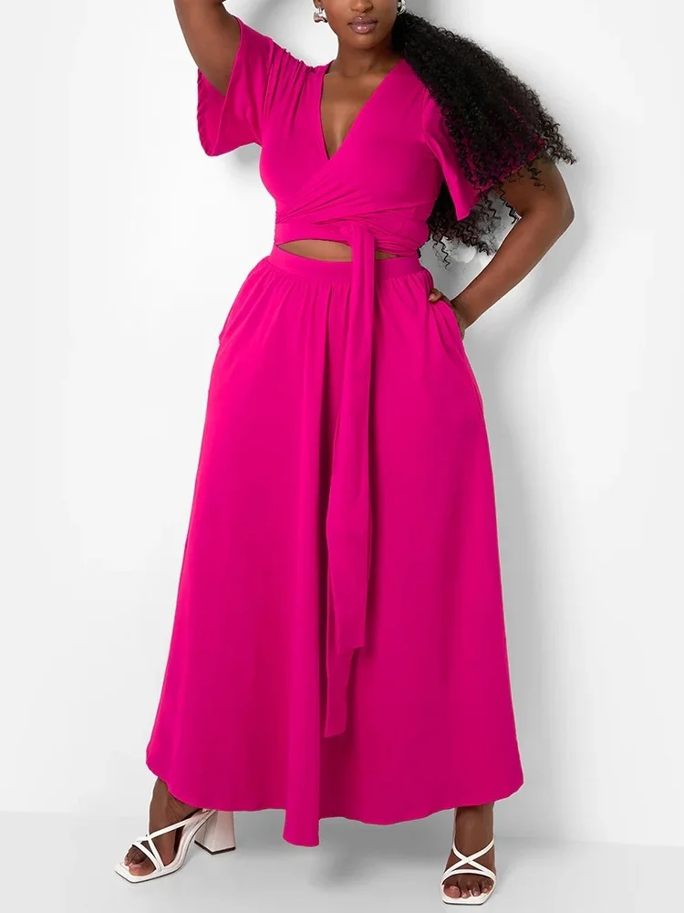 Wmstar Plus Size Two Piece Dress Sets Wholesale Flared Sleeve Sexy V Neck Top and Maxi Big Swing Skirts Dropshipping Summer