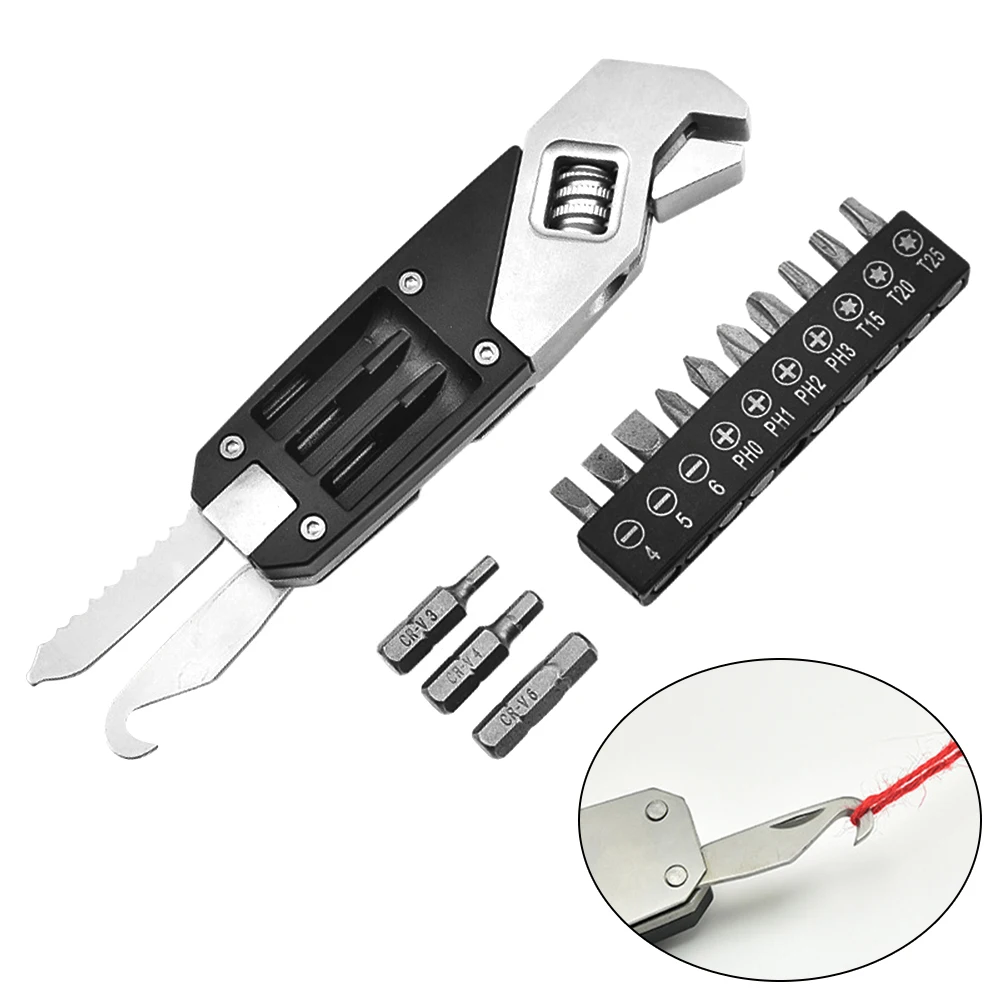 

Multifunctional Stainless Steel Adjustable Wrench Set Folding Allen Wrench with10pcs Screwdriver Bit Multifunctional Repair Tool