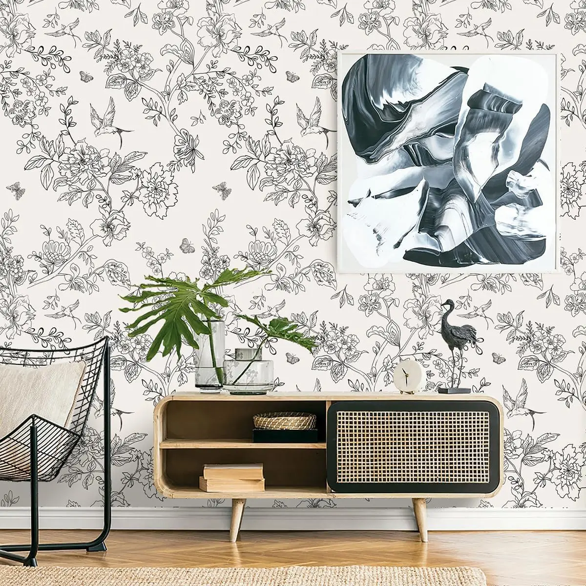 Grey Floral Birds Wallpaper Peel And Stick Leaves Contact Paper Removable Self Adhesive Wallpaper For Cabinets Walls Decorative 2