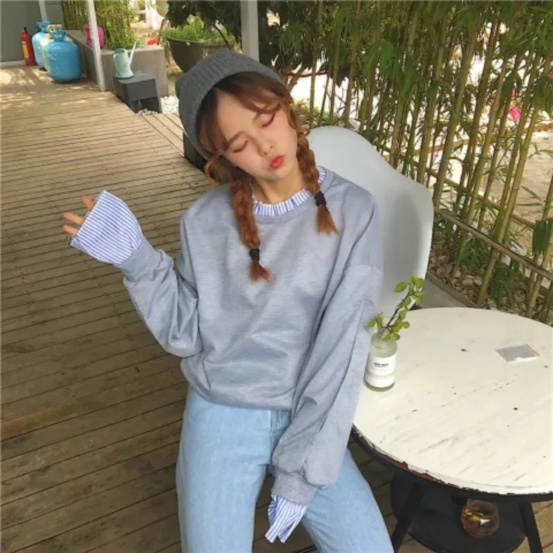 Fake Two-piece Long-sleeved Sweatshirts Women Striped Patchwork O-neck Korean Style Fashion Casual Daily Basic Pullover Female