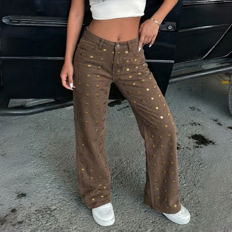 Jean décontracté pour femme, coupe large, richement orné, taille haute, marron café, style coréen, pantalon ample