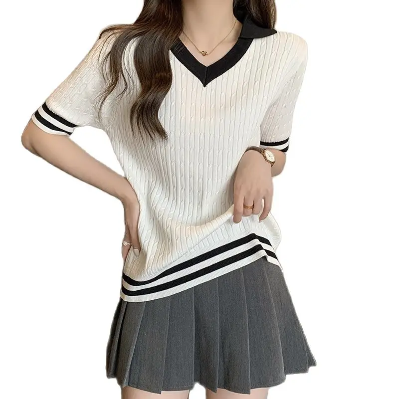 

Black White V-Neck Knitted Short Sleeved Loose Summer Style Top Fashion Blouses 2023 Cheap Vintage Clothes For Women Female