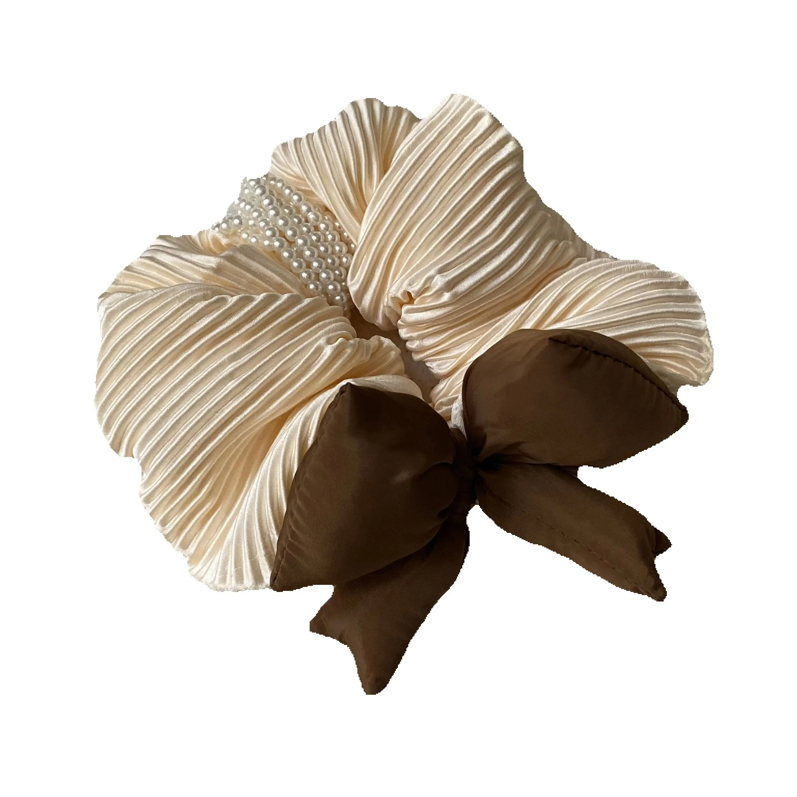 1PC  Pleated Bow Hair Scrunchies With Pearls, Beige And Black, Elegant Hair Accessories For Women