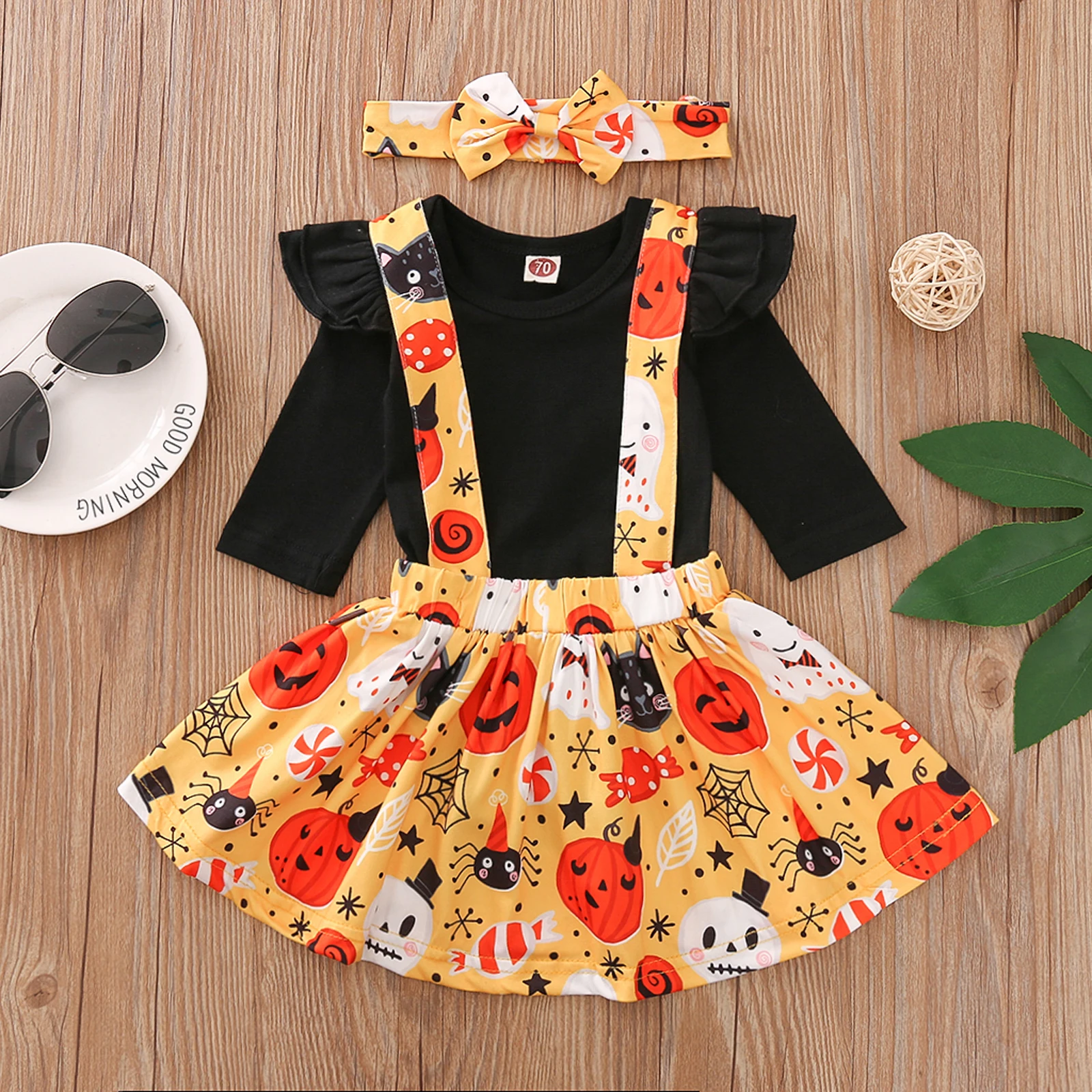 

0-18 Months Baby Girl's Halloween Romper Set, Fly Sleeve Romper + Pumpkin Spider Web Printed Suspender Skirt + Headband