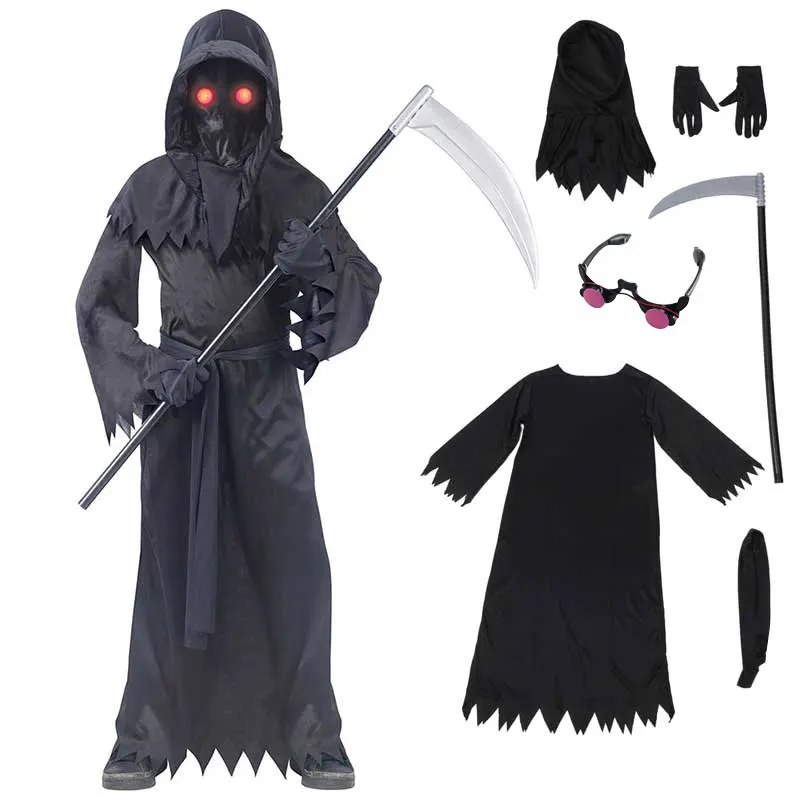 Costume Morte Per Bambina – Vestito Da Tristo Mietitore Con Mantello, Falce, Guanti Scheletro E Occhiali Luminosi. Set Completo Per Halloween, Carnevale E Feste Gotiche. Taglie Da 110 A 150 Cm.